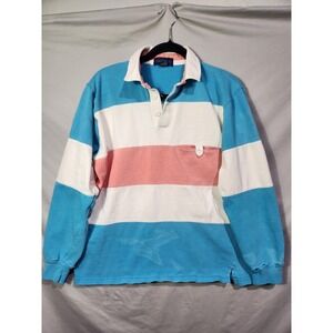 Claybrooke Sport Rugby Polo Sweatshirt LARGE Pink White Blue Striped Distressed